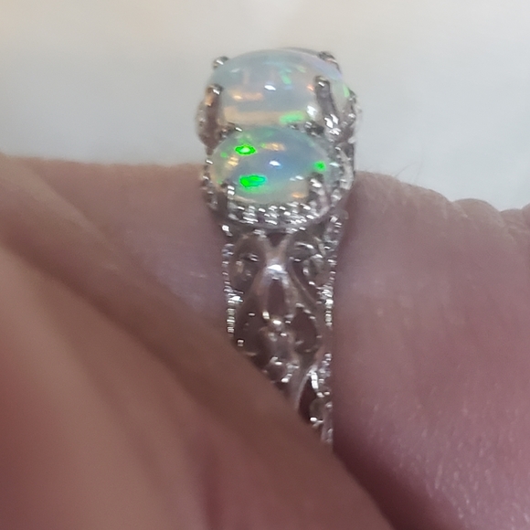 SOLDPremium Ethiopian Welo Opal Trilogy Ring Platinum over Sterling Silver - Picture 5 of 6